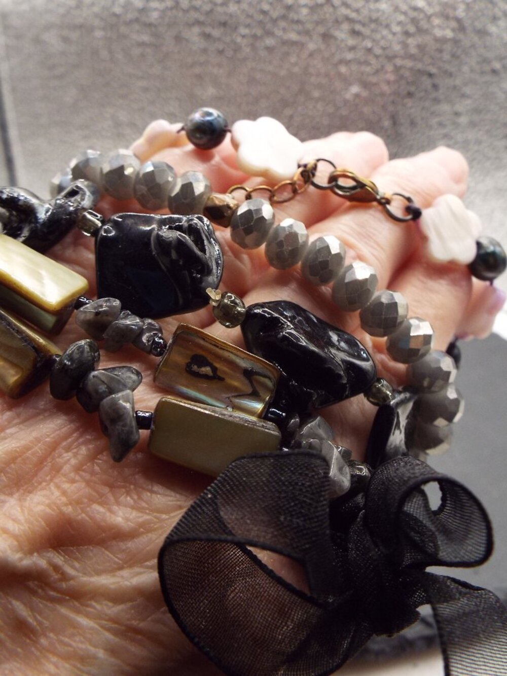 FOUR BRACELETS BLACK, GREY & WHITE CRYSTAL, STONE, SHELL STRETCHY BEACELET LOT 1 - Picture 2 of 4